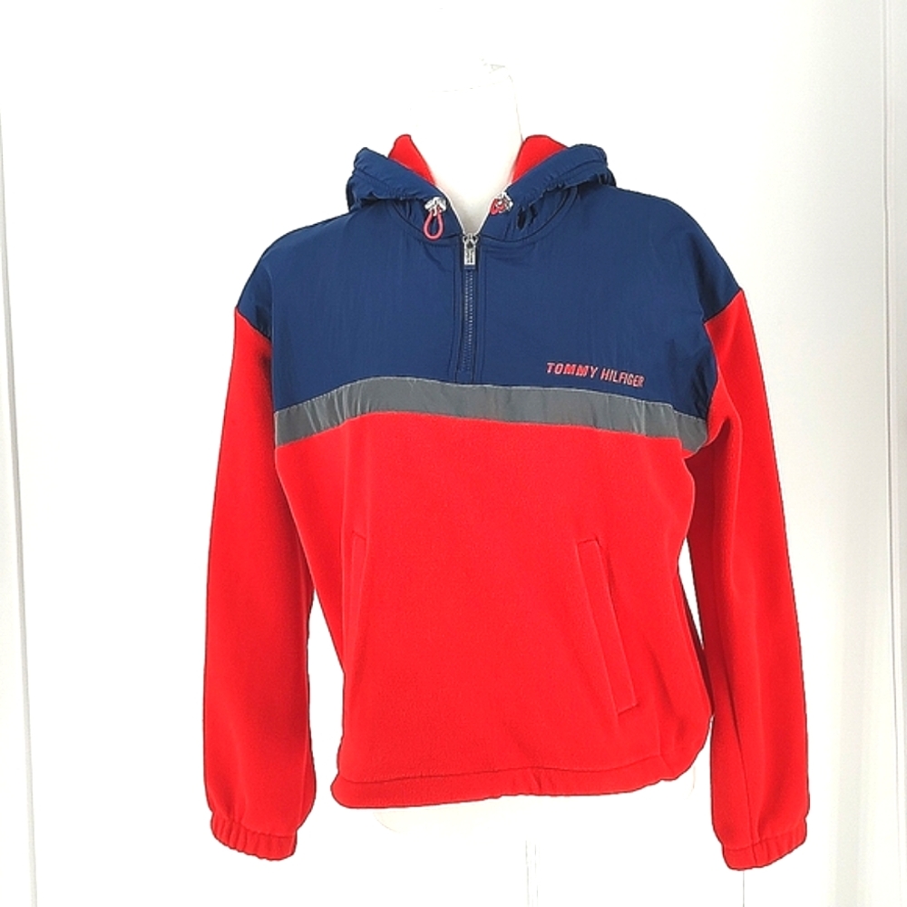 Tommy Hilfiger Women's Sport Fleece Half Zip Jacket Red Blue, Size S NWT